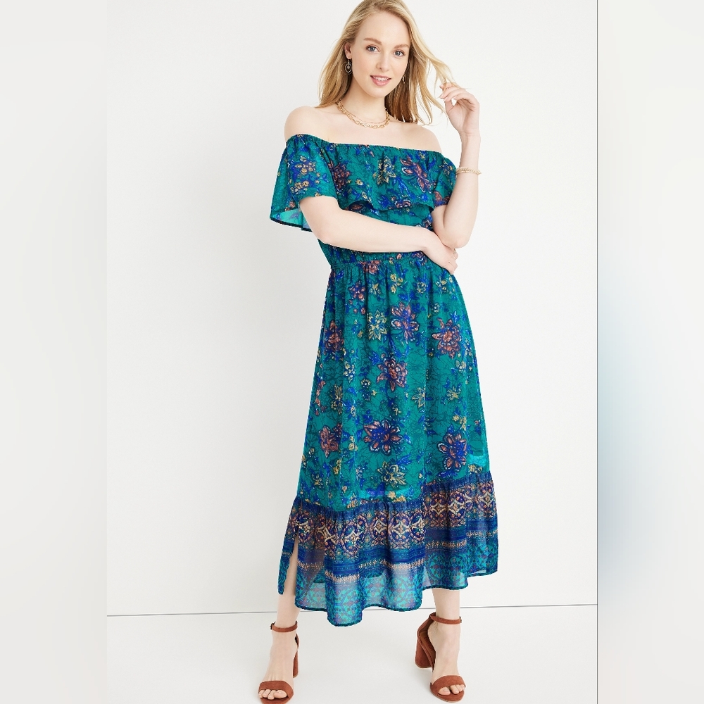 New WT Mixed Floral MOONLIGHT TEAL Off Shoulder Dress